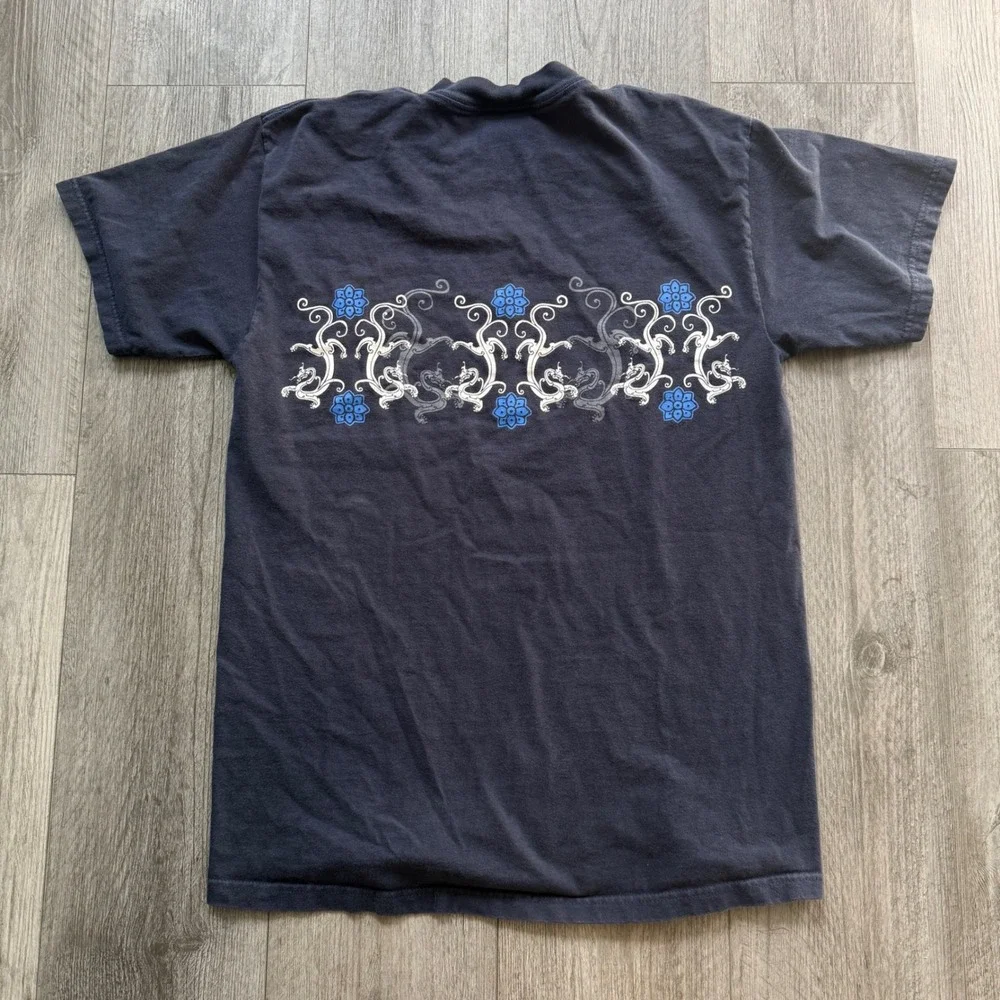 No Fear Mens M Navy Tribal Dragon Floral Graphic Tee Y2K Double Sided Shirt